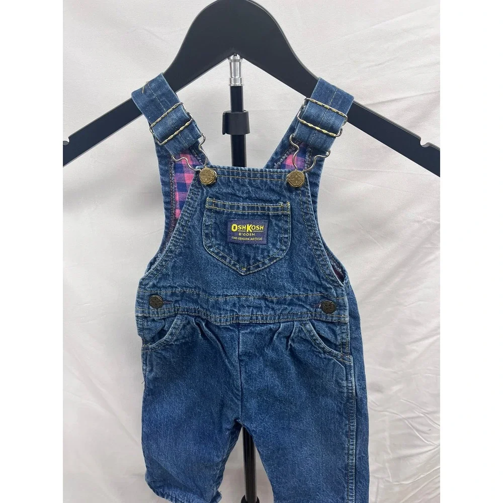VTG 1995 Oshkosh Girls Denim Overalls Pink and Blue‎ Checkered Flannel Lined 18M
